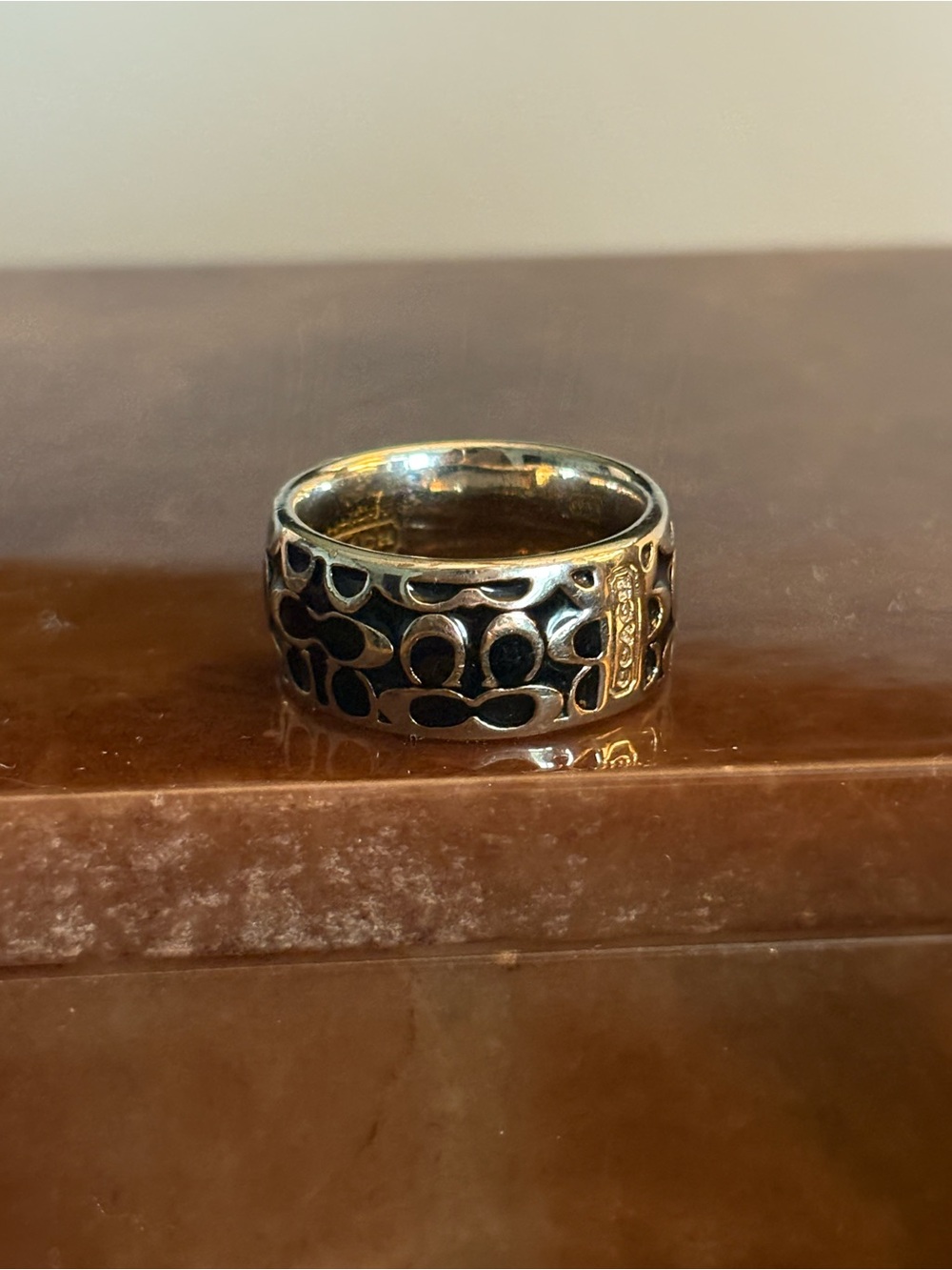 Coach Silver-Tone Ring with Black Signature Pattern